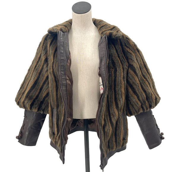 50s 60s Striped Faux Fur & Leather Criss Cross Cuff Puffed Sleeve Formal Coat - Picture 7 of 9